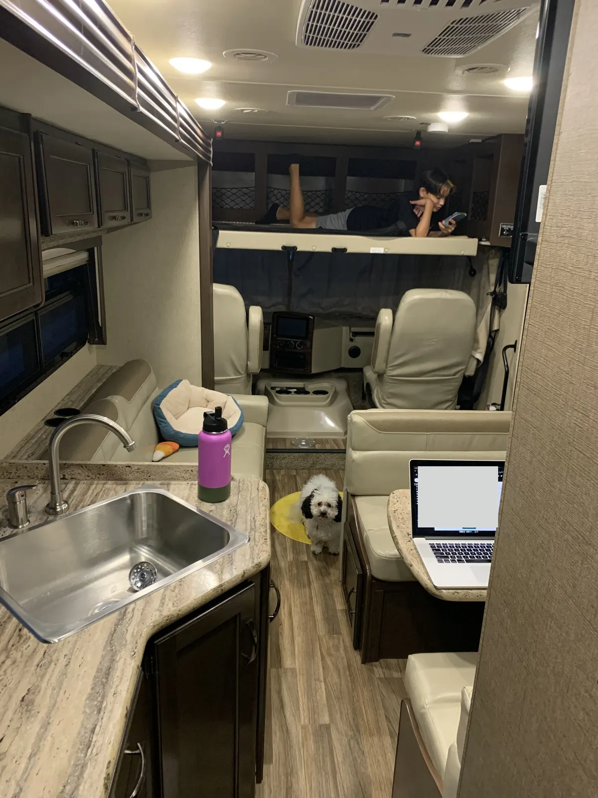 Living area with kitchen, dinette, and drop-down bunk